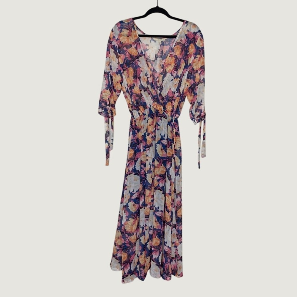 Haani Maxi Dress Womens 2X Blue Orange Floral Wrap V-Neck Chiffon Tie Sleeve